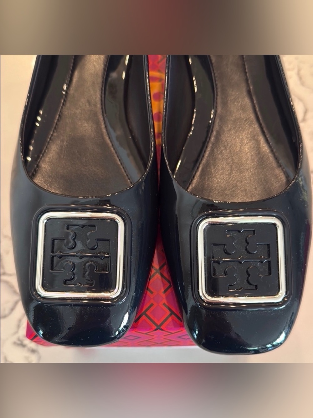 Tory Burch Georgia Patent Leather Logo Square-Toe Ballet Flats